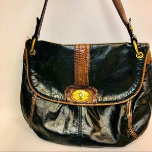 Fossil Leather SHOULDER HAND BAG BLACK W/ BROWN TRIM